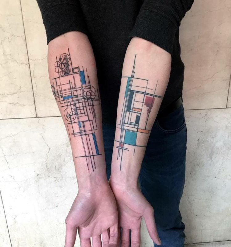 tattoo motive architektur-geometrisch-design-idee-bunte-farben-unterarm