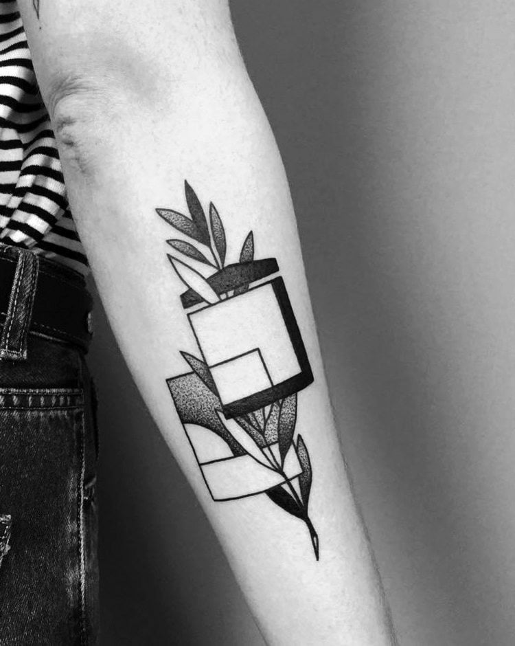 tattoo motive architektur-minimalistisch-monochrom-rechtecke-blätter-pflanze