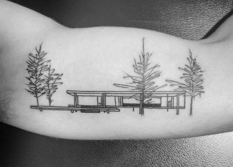 tattoo-motive-architektur-minimalistisches-haus-tätowieren-plan-bäume-überdachung
