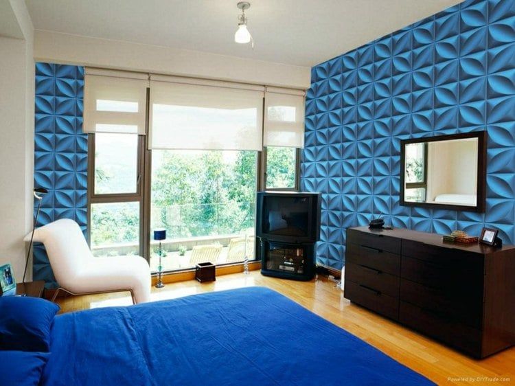 wandverkleidung-blau-idee-schlafzimmer-kunststoff-verkleidung-kleben