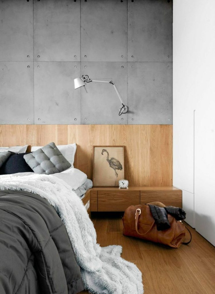 wandverkleidung-innen-schlafzimmer-kombinieren-beton-holz