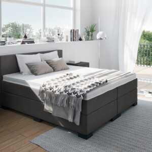 Boxspringbett-Anthrazit-gepolstert-schlafzimmer-weisse-wände-parkettboden