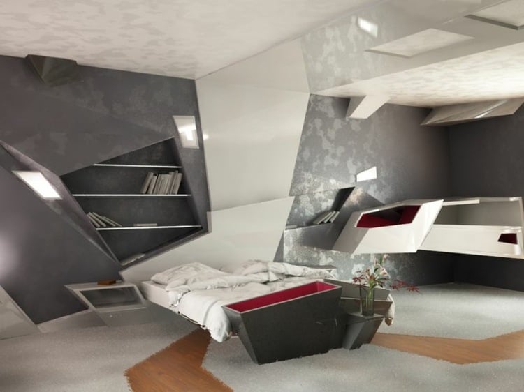 ausgefallene-möbel-modernes-wohnen-schlafzimmer-grau-weiß-eingebautes-regal
