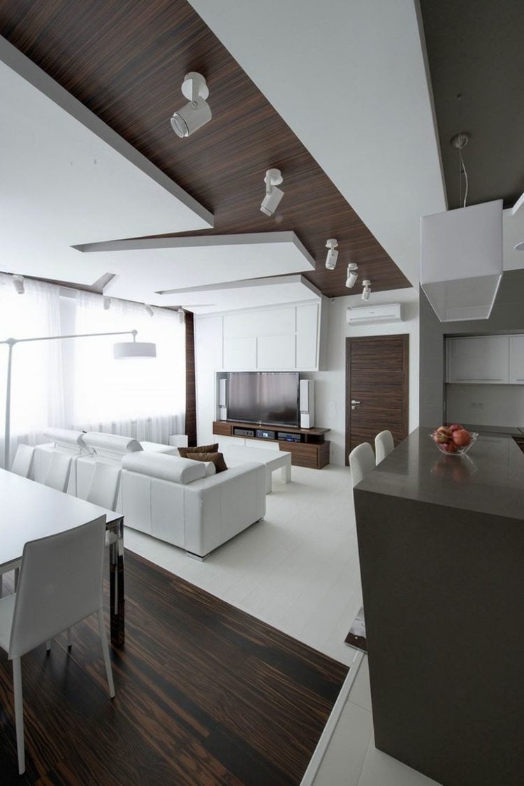 ausgefallene-möbel-wohnzimmer-abgehängte-decke-holz-dunkel-minimalistisch