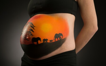 babybauch bemalen afrika-motiv-silhouette-elefant-sonnenuntergang-orange