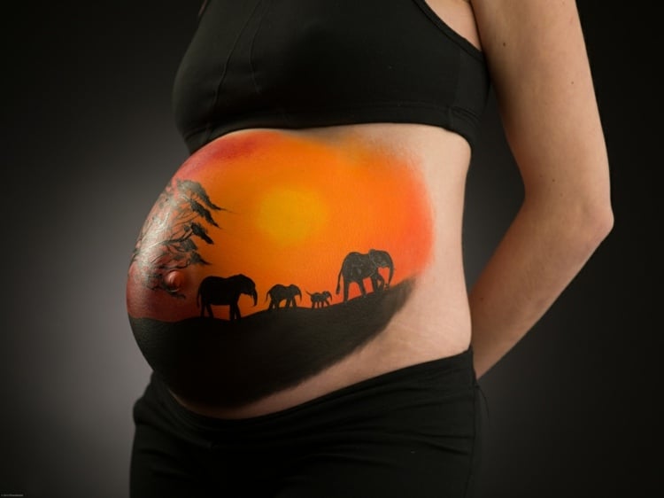 babybauch bemalen afrika-motiv-silhouette-elefant-sonnenuntergang-orange