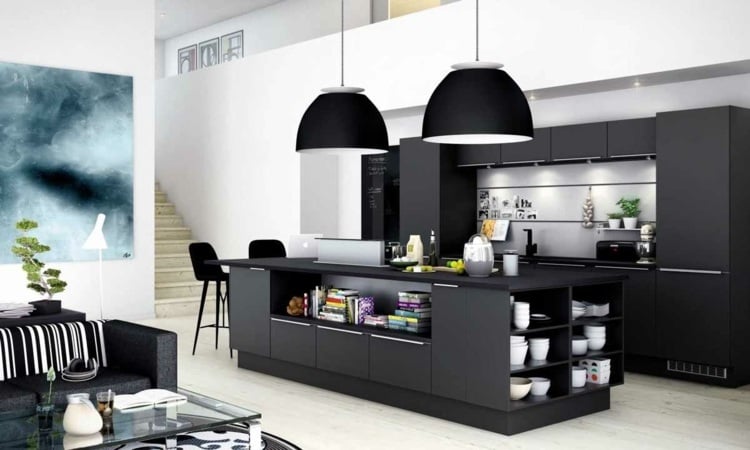 design für küchen schwarz-mattiert-modern-regal-kücheninsel
