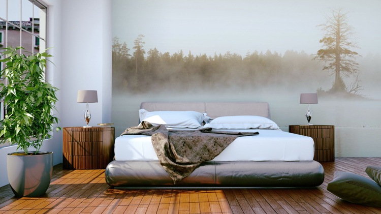 fototapete-wald-schlafzimmer-nebel-mystisch-nordisch-moderne-einrichtung