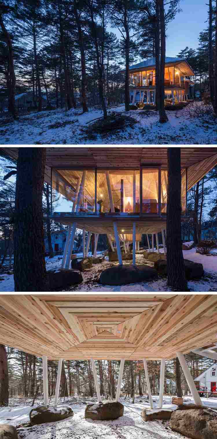Holzhaus auf Stelzen glasfronten-holz-innendesign-weiße-stelzen