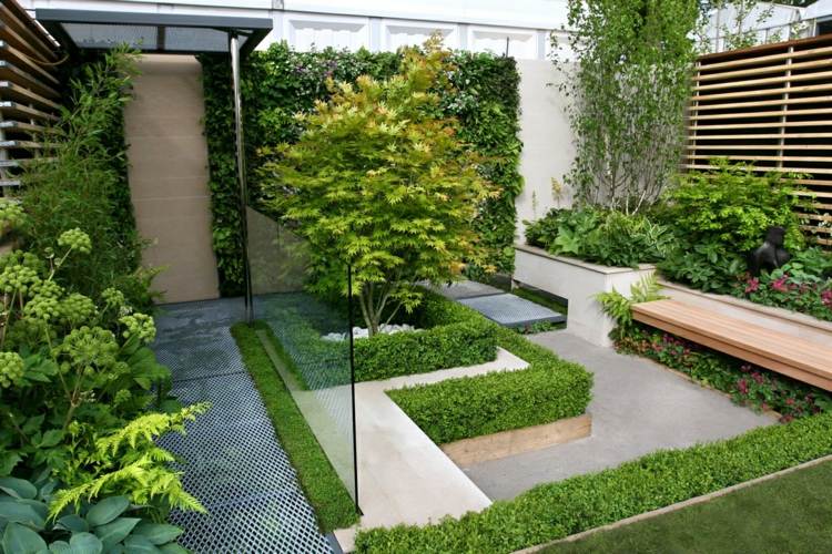 ideen-gartengestaltung-modern-kleine-gärten-anlegen-gartenbank-massivholz-lamellen-sichtschutz