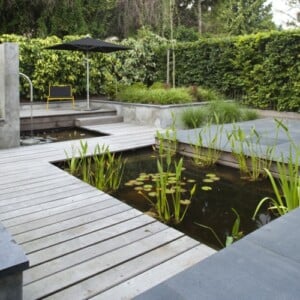 ideen zur gartengestaltung modern-teich-holz-gartenwege-hecke