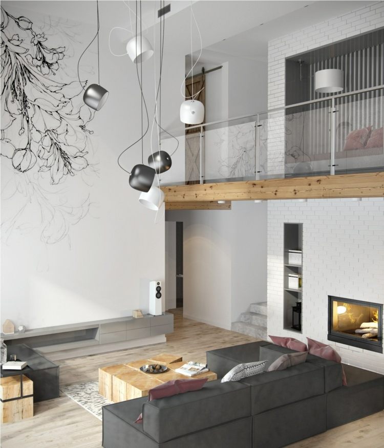 loft-wohnzimmer-pendelleuchten-minimalistisch