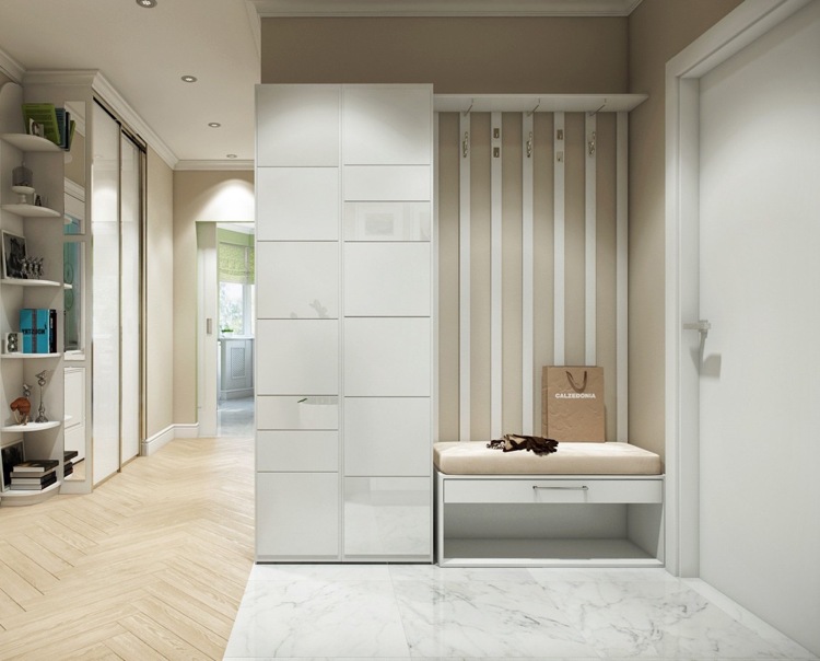moderne Flurgestaltung eingangsbereich-weiss-creme-marmor-bodenfliesen-garderobenschrank-hochglanz
