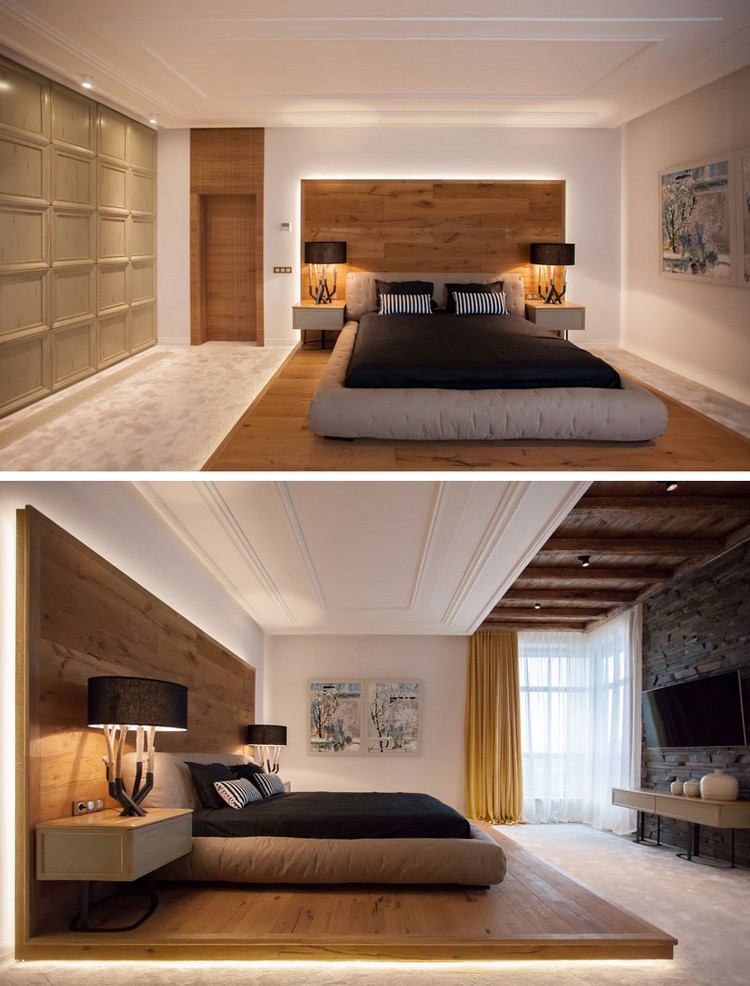Schlafzimmer Design mit Holz modern-indirekte-led-beleuchtung-podest