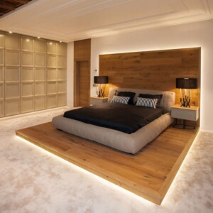 schlafzimmer-design-holz-podest-bett-kopfteil-led-effektbeleuchtung