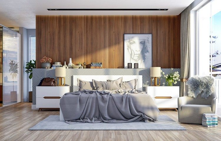 schlafzimmer-design-holz-wandgestaltung-modern-grau-kombinieren