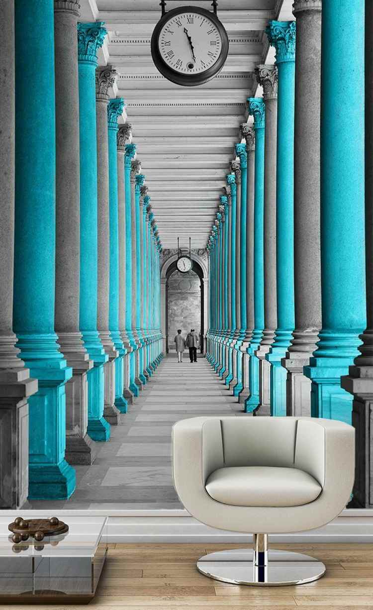 wand mit fototapete architektur-blau-grau-schwarz-weiß-säulen-bahnhof