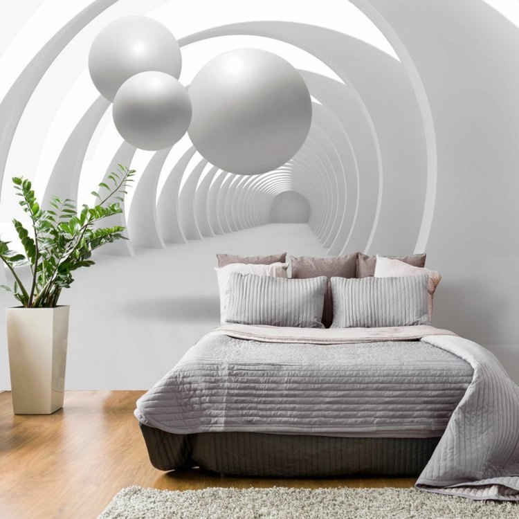 wand mit fototapete schlafzimmer-idee-modern-minimalistisch-weiß-kugeln-3d