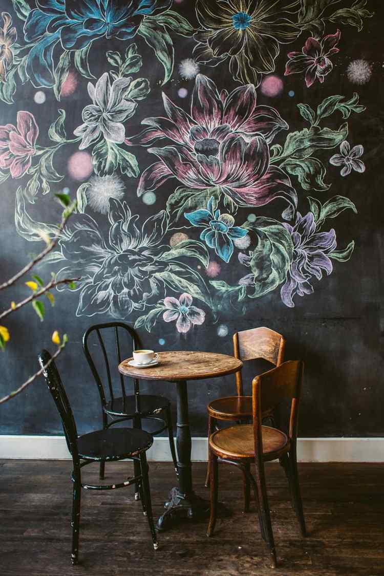 wandgestaltung-ideen-tafel-wandbild-kreide-floral-schwarze-wand