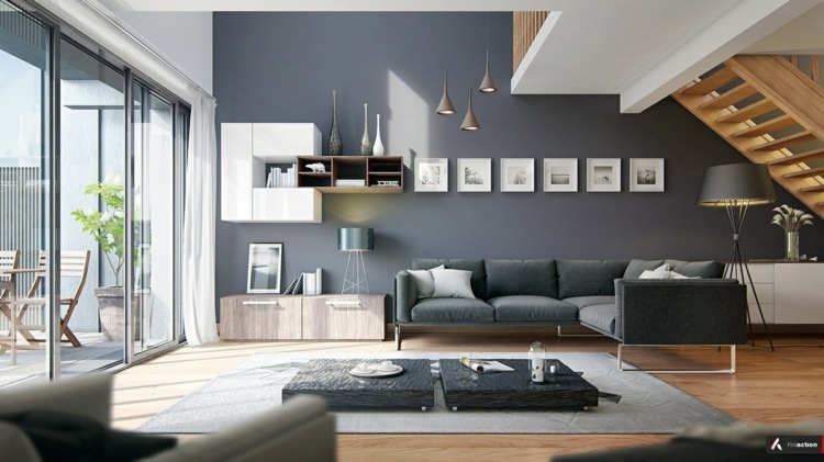 wohnzimmer einrichten modern-akzentwand-dunkelgrau-minimalistisch-gestalten