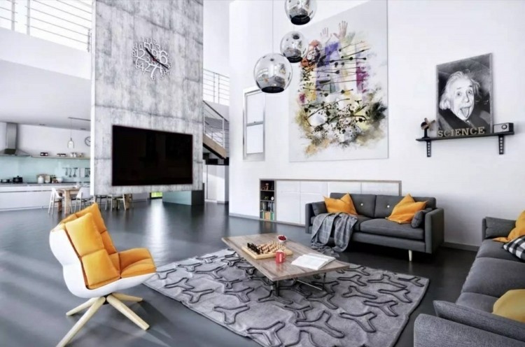 wohnzimmer einrichten modern-grau-möbel-laminat-gelbe-akzente
