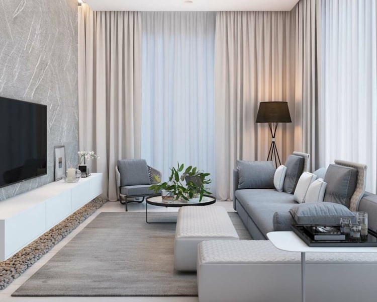 wohnzimmer-einrichten-modern-graue-nuancen-tapete-vorhänge-beige