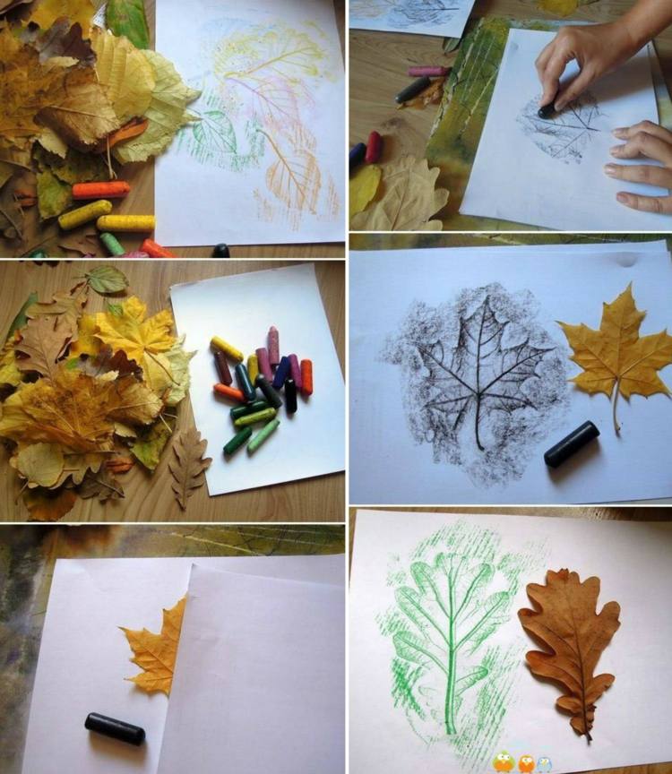 Herbstcollage Kindern basteln blätter abdruck wachsmalstift idee
