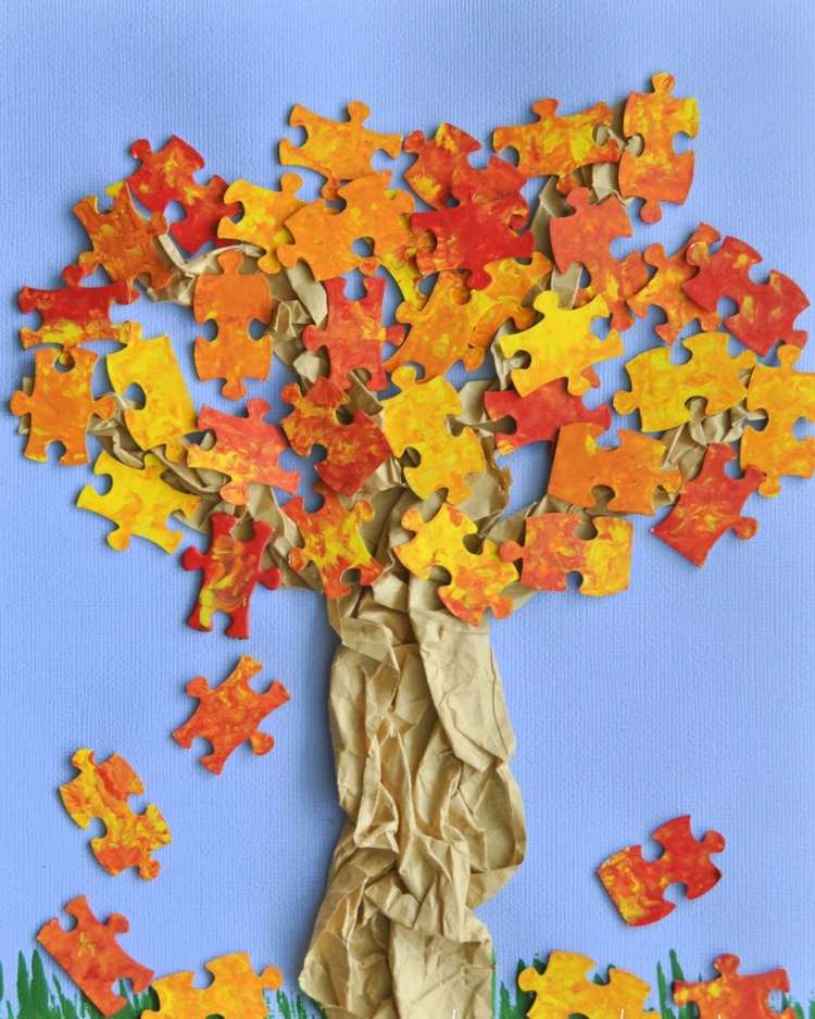 Herbstcollage Kindern basteln puzzle blätter gestalten herbstfarben baum