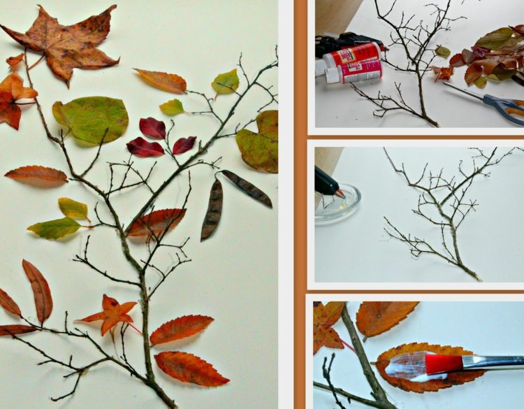 Herbstcollage mit Kindern basteln zweig kleben laubblätter collage selber machen