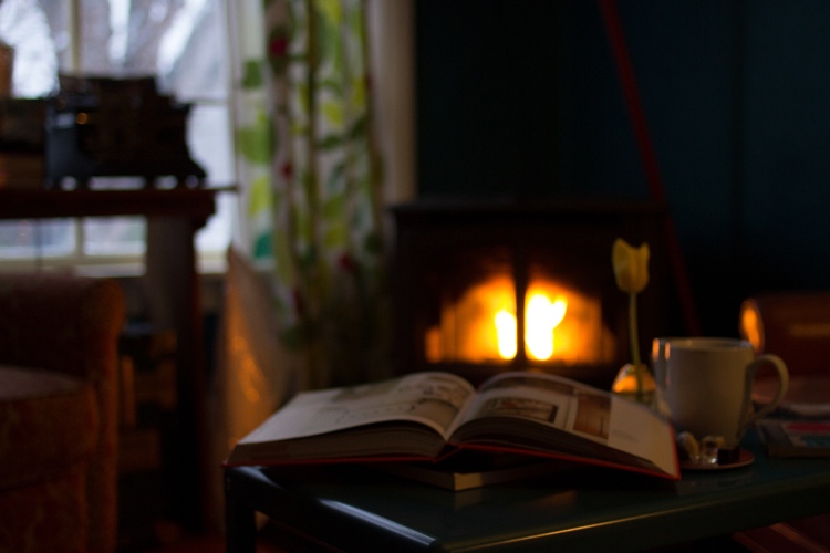 Kaminofen Winter Holz behagliches Ambiente Buch lesen