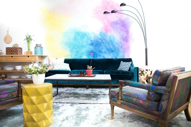 aquarell wandfarbe wohnzimmer wandgestaltung modern peppig