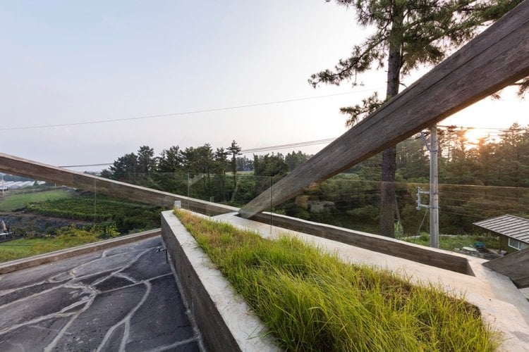 betonhaus terrasse glasgeländer aussicht pflanzenbeet