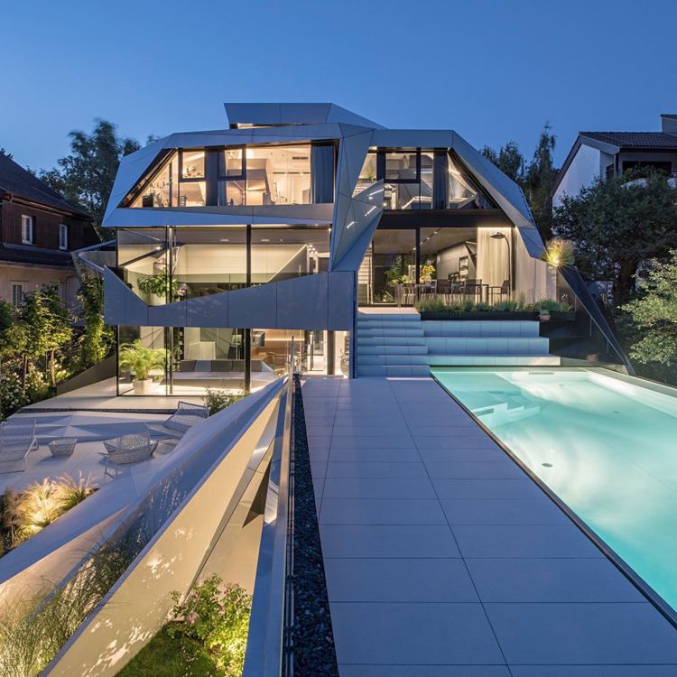 futurismus architektur gebäude pool garten terrassiert modern