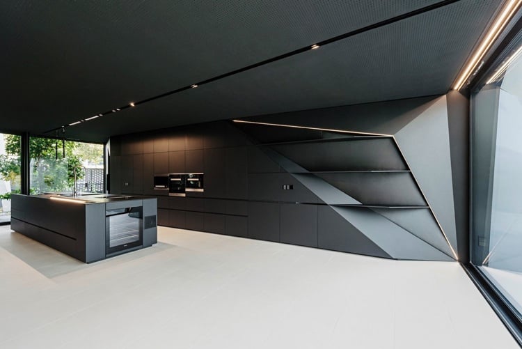 futurismus interieur design minimalistische küche schwarz geometrisch