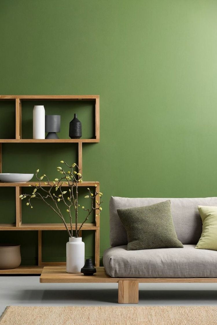 gestalten wände olive grün modern wandregal sofa minimalistisch skandinavisch