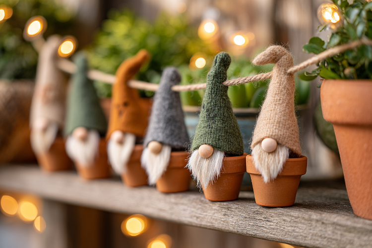 girlanden mit wichteln aus blumentöpfen basteln für weihnachten