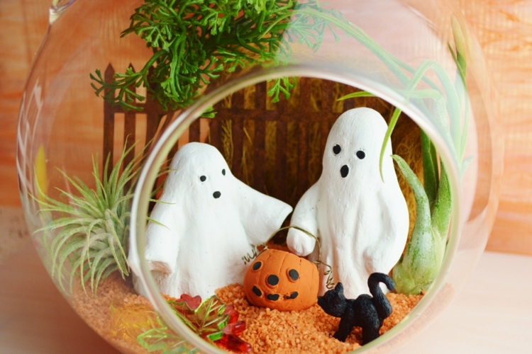 halloween pflanzen terrarium künstlich zierkies aquarium kürbis geister zaun