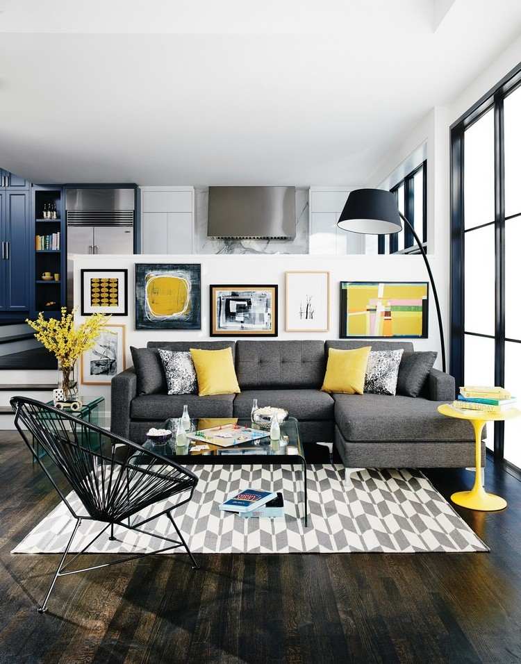 moderne möbel ideen grau wohnzimmer farbakzente gelb
