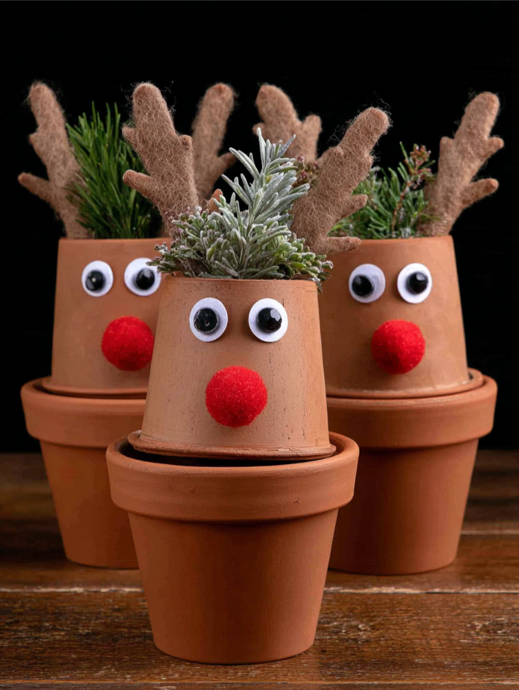 rentiere aus blumentöpfen basteln für weihnachten