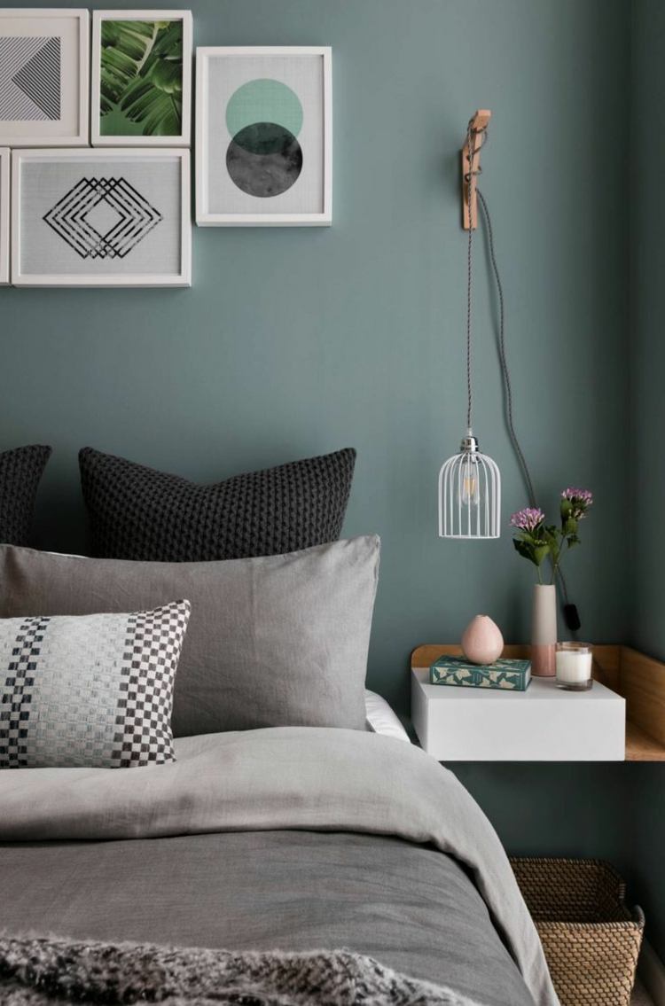 schlafzimmer einrichtung trend deko-schlicht-grün grau wandfarbe graue textilien