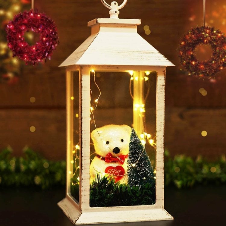 weihnachtlich laterne dekorieren teddy winter lichterkette idee