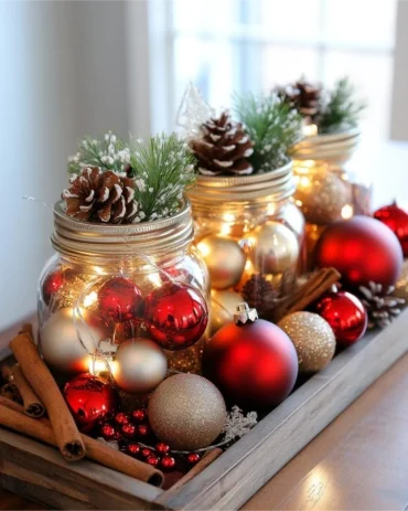 weihnachtsdeko im glas aus kugeln & zapfen