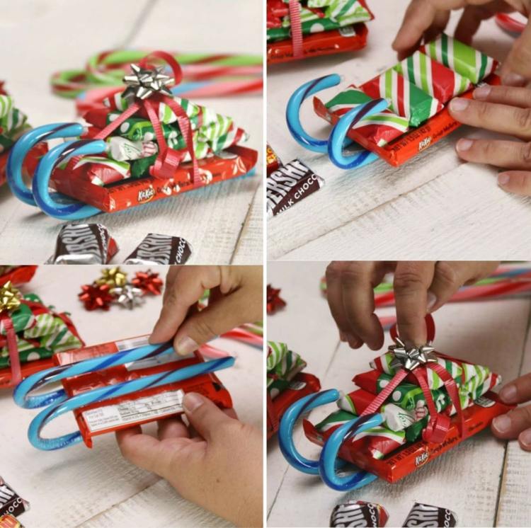 weihnachtsgeschenke basteln mit kindern in der schule süßigkeiten schlitten zuckerstangen einfach