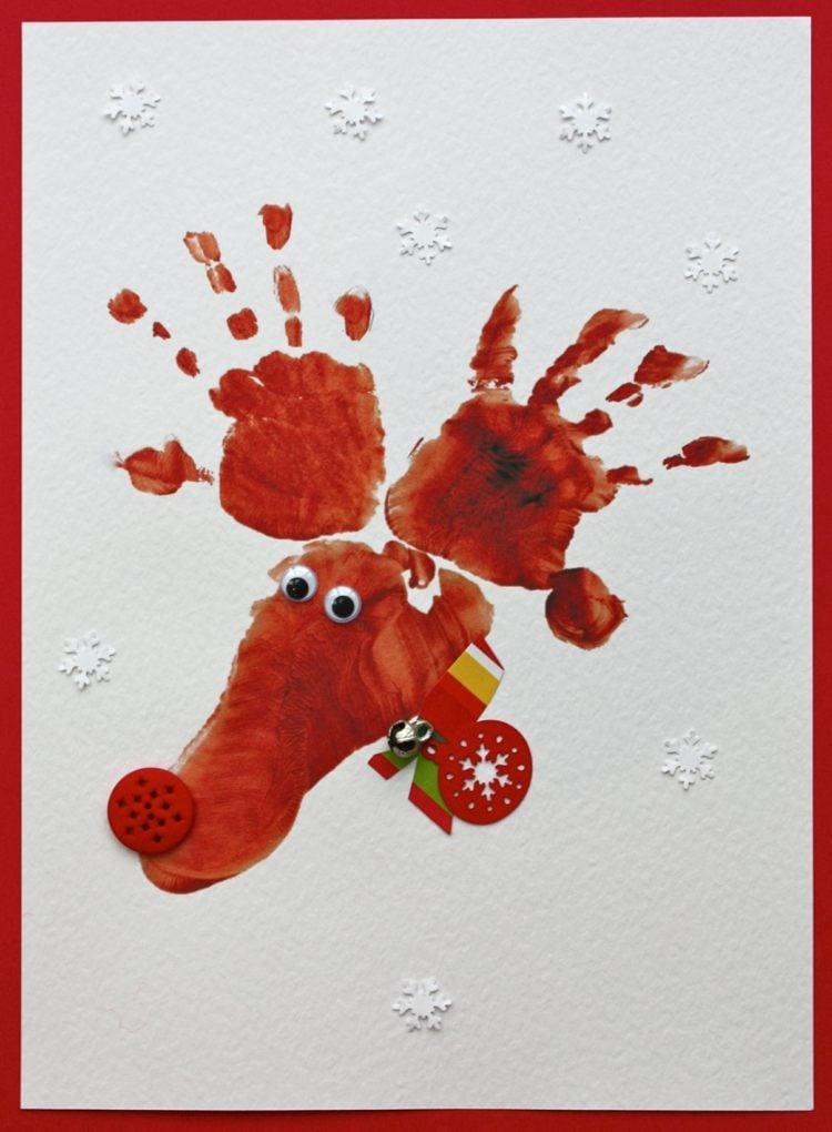 weihnachtskarten basteln mit kindern handabdruck rentier fußbdruck motiv