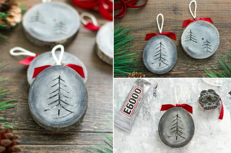 Baumscheiben weihnachtlich dekorieren holz brennen lötkolben tanne graue farbe