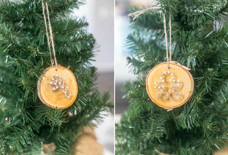 Baumscheiben weihnachtlich dekorieren nägel garn schnur weihnachtsmotive zuckerstange lebkuchenmann