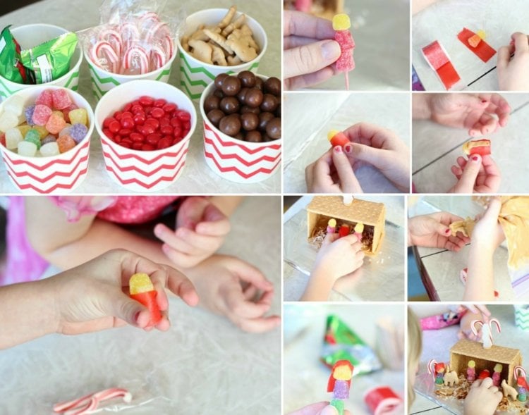 Krippe basteln Kindern süßigkeiten selber machen zuckerstangen inspiration weihnachtsdeko