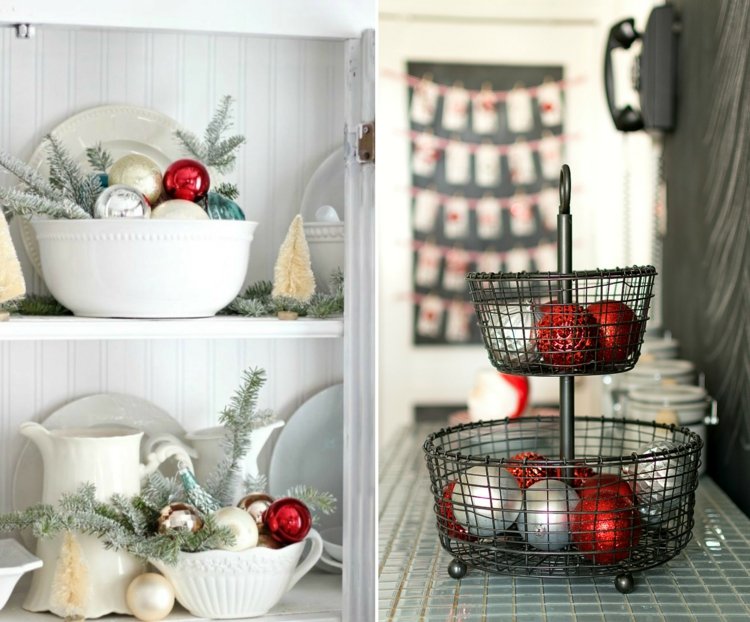 Küche dekorieren weihnachtlich geschirr schränke weihnachtskugeln tannengrün