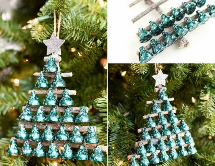 Süßigkeiten Geschenke weihnachten baumschmuck selber machen verschenken pralinen tannenbaum zweige