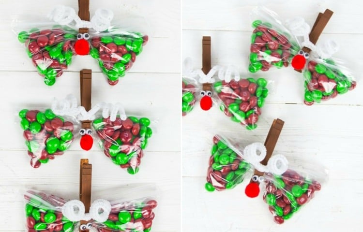 Süßigkeiten Geschenke weihnachten rentiere wäscheklammern bommel pfeifenreiniger